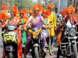 Gudi Padwa being celebrated in Maharashtra today, women take out a two-wheeler rally in Mumbai.