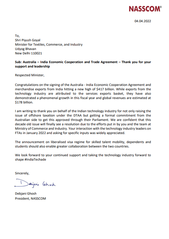 National Association of Software & Services Companies (NASSCOM) writes to Union Minister for Textiles, Commerce, and Industry Piyush Goyal to congratulate him on signing the Australia – India Economic Cooperation and Trade Agreement.