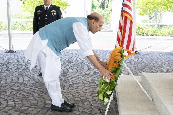 Defence Minister  @rajnathsingh  laid a wreath at the National Memorial Cemetery of the Pacific in Hawaii, US.