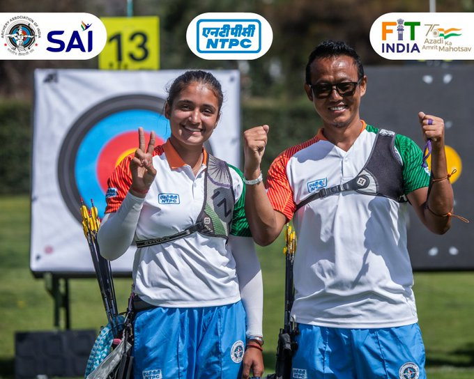 Archery World Cup Stage 1: India's Recurve Mixed Duo  @tarundeepraii  & Ridhi defeated Spain by 3-5 set points in Semi-Final. They will face Great Britain in the final on 24 April, 2022.