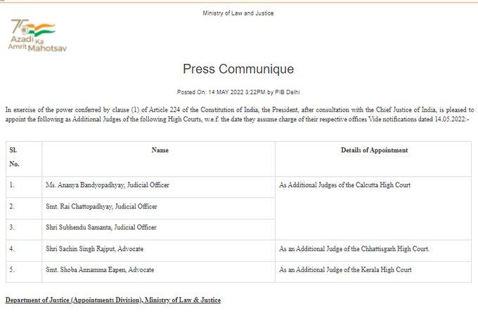 President Ram Nath Kovind after consultation with the Chief Justice of India appoint the following as Additional Judges of the following High Courts.