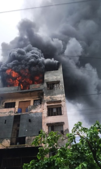 Fire breaks out in a manufacturing unit in Delhi's Bawana Industrial Area.