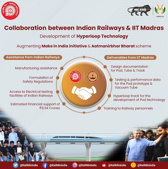 To usher into a new era of transportation, Indian Railways has come together with  @iitmadras  to develop a hyperloop technology based transportation system. Indian Railways will extend financial support of Rs. 8.34 cr to IIT Madras for this project.