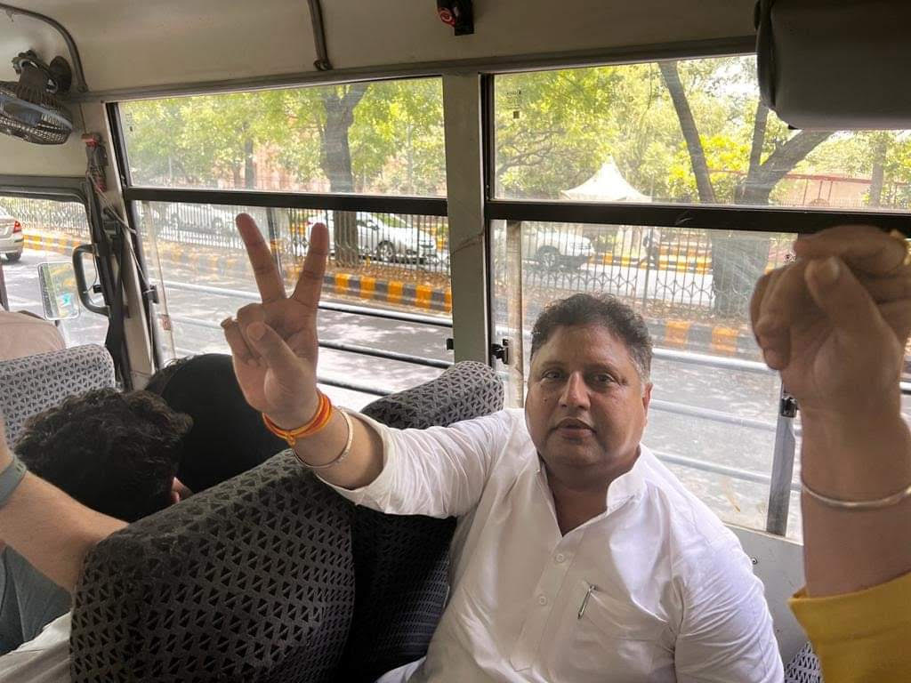 Congress national secretaary Kuldip Indora has been taken into custody from outside AICC office. He said that the Delhi police misbehaved with women activists, who were peacefully agitating.