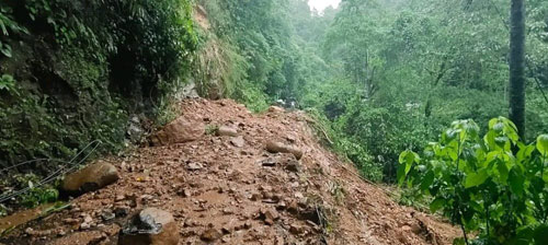 West Jaintia Hills, Meghalaya: Landslide at Darrang village on Darrang Shnongpdeng Road under Dawki Police Station limits. Restoration work is being taken up.