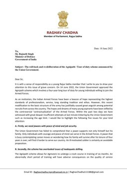 AAP (Aam Aadmi Party) MP Raghav Chadha writes to Defence Minister Rajnath Singh, requesting him for 