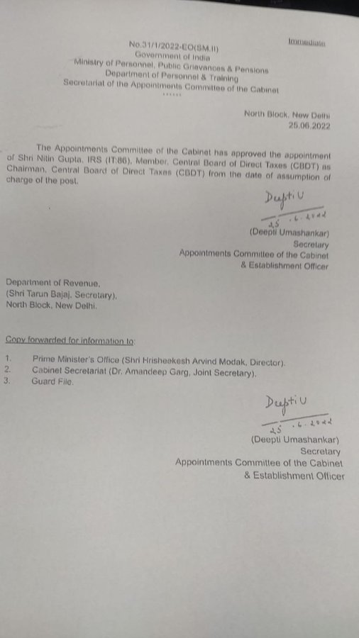 Government of India appoints IRS Nitin Gupta as chairman of the Central Board of Direct Taxes (CBDT).