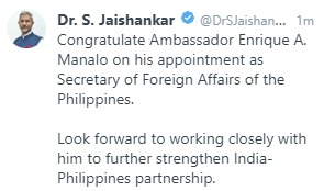 EAM  @DrSJaishankar  congratulates Ambassador Enrique A. Manalo on his appointment as Secretary of Foreign Affairs of the Philippines.