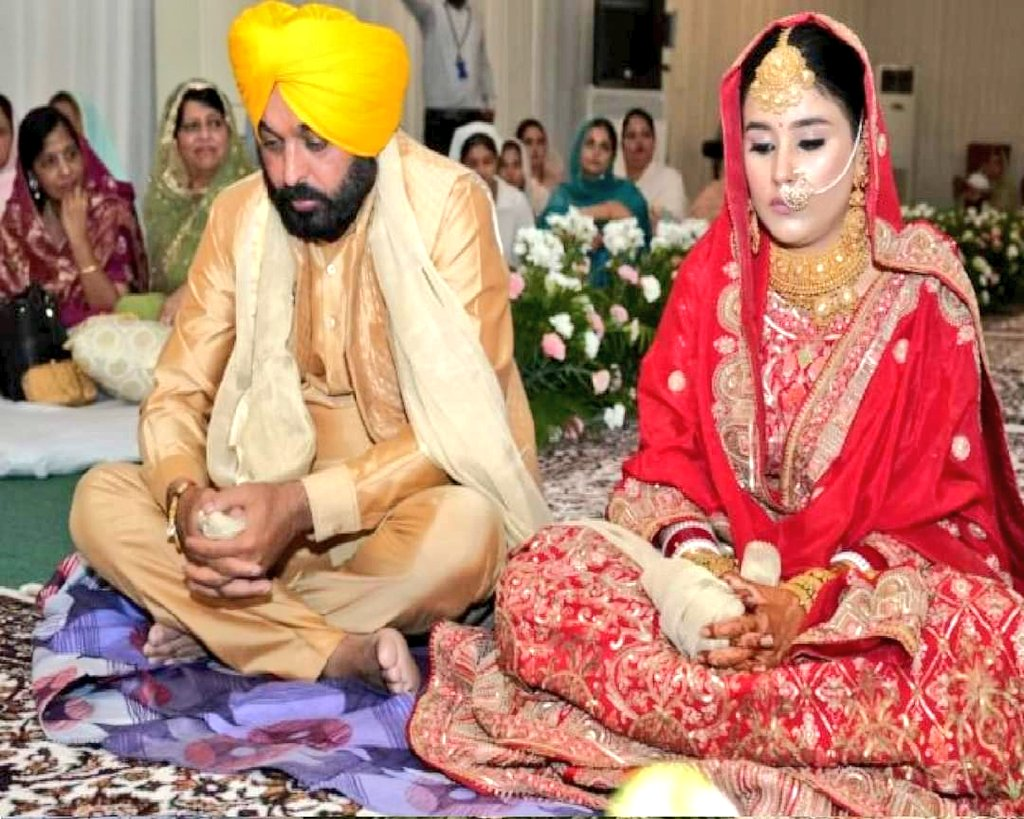 Punjab CM Bhagwant Mann ties knot with Dr Gurpeet Kaur in a close-knit ceremony in Chandigarh.