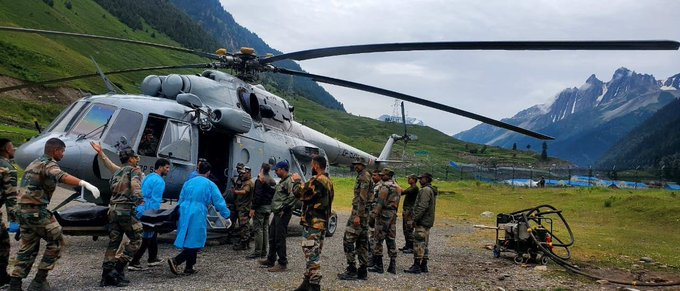 Indian Air Force has pressed its transport and helicopter assets into service for rescue and relief operations at Amarnath. Mi-17V5 helicopters have inducted NDRF and civil administration personnel at Panchtarni and rescued 21 survivors:  @IAF_MCC