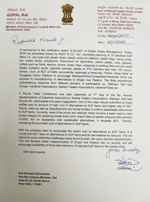 Delhi Environment Min Gopal Rai writes to Union Finance Min Nirmala Sitharaman, stating 