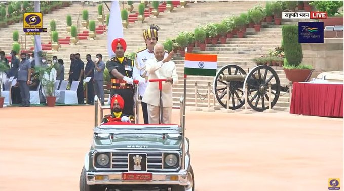 Tri-Services Guard of Honour presented to former President Ram Nath Kovind at Rashtrapati Bhavan.