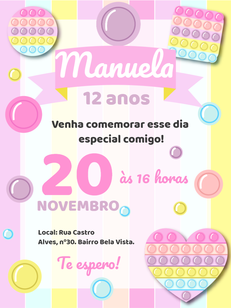 Convite aniversário pop it fidget toys candy color Edite grátis com nosso editor online