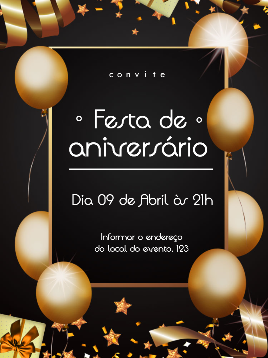 Convite De Aniversário Balões Elegante Preto E Dourado Edite Grátis Com Nosso Editor Online 5721