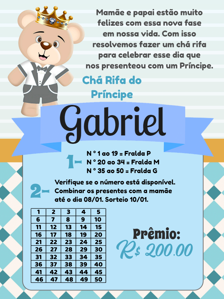 Fazer Convite Online Convite Digital Chá Rifa Ursinho Príncipe Cartela 200 Números 0140