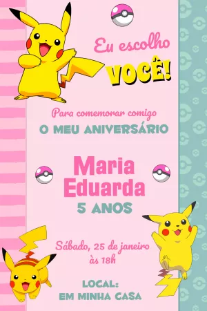 Convite aniversário pokémon menina e menino para editar