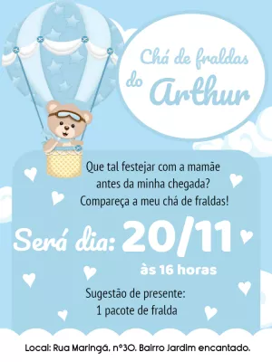 Convite Digital Chá de Bebê Ursinho Baloeiro Personalizado