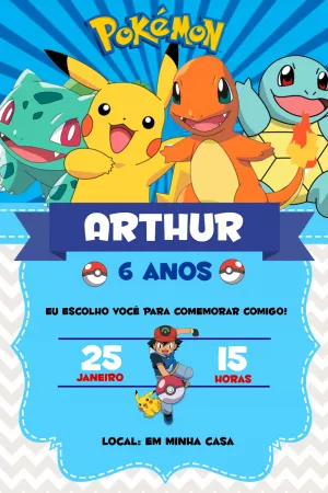 Convite aniversário pokémon menina e menino para editar