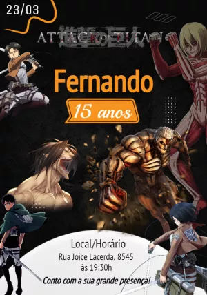 Arte Digital Convite Ataque dos Titãs Attack on Titan 3