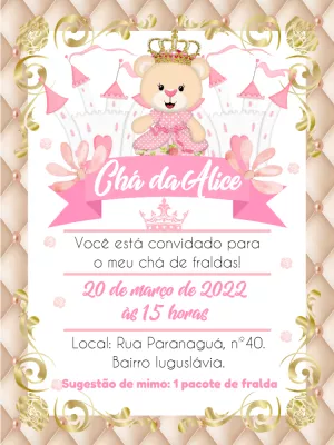 Convite Digital Chá de Fraldas/chá de Bebê Ursinha Menina