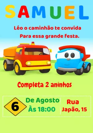 Convite Digital de Aniversário Léo o Caminhão - Imagem Legal