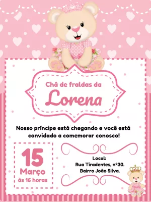 Convite virtual chá de fraldas ursinha princesa pronto para editar e  imprimir grátis png