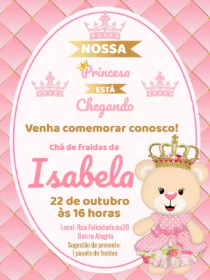 Grátis - Fazer convite online convite digital Chá de bebê Menina Ursinha  Realeza com dica mimo +