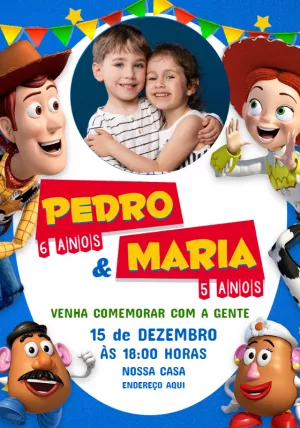 Convite Aniversário Duplo Woody e Jessie Toy Story com Foto