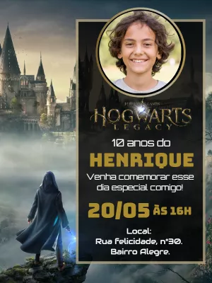 Convite aniversário Hogwarts Legacy com foto