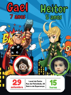 Convite Aniversario Duplo Thor e Loki com foto Edite gratis com nosso editor online