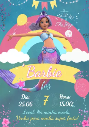 Arte Convite Barbie Sereia Digital Virtual