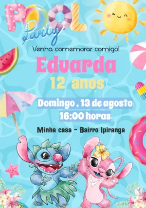 Sstich and Angel Pool Party Birthday Invitation