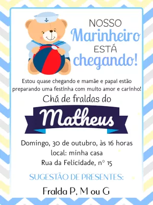 Convite Ursinho Marinheiro Chá De Bebê Azul Edite Online