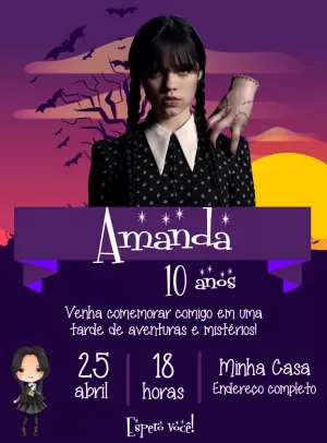 Convite aniversário Wandinha Addams Wednesday Addams