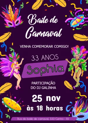 Convite aniversário baile de Carnaval