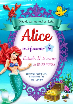 Fazer convite online convite digital Aniversário Ariel, A Pequena Sereia