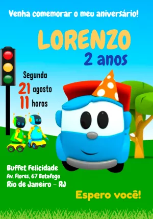 ▷ Convite Digital Aniversário Leo o Caminhão, GRÁTIS