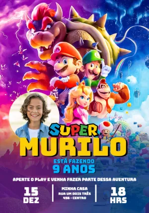 Convite Aniversário Super Mario Bros World com Foto