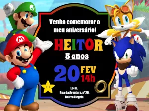 Convite Virtual Animado Aniversário : Super Mario e Sonic