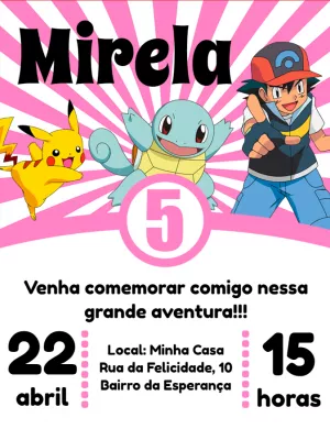 Convite aniversário pokémon menina e menino para editar