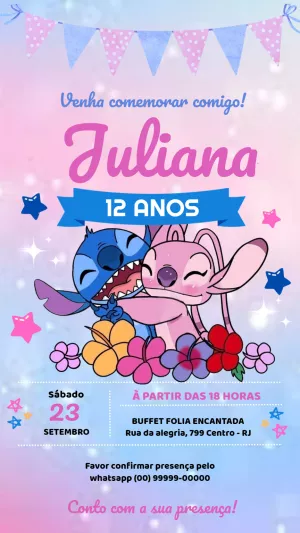 Convite Aniversário Stitch rosa menina