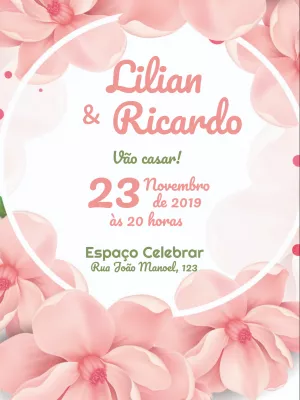 Convite Casamento Romântico com Flores - rosa