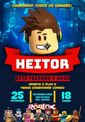 Cria um convite de aniversário de 9 anos com tema roblox para gustavo no  dia 05/08/23 as 19:00 na rua paulo augusto alves ferreira, n 50