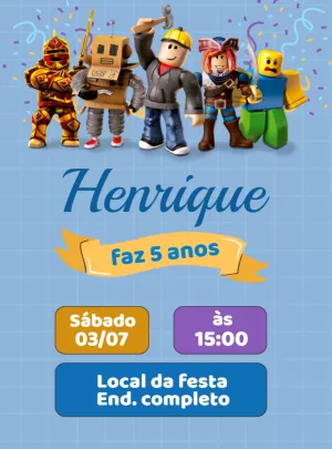 Convite Aniversário Roblox Lego Menino Azul