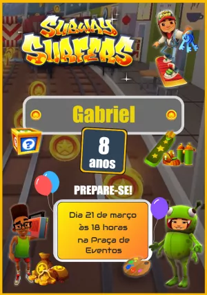 Convite de aniversário Subway Surf para editar, baixe grátis o convite para  preencher no aplicativo no celular ou im…