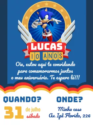 Convite de aniversário infantil Sonic Edite Online