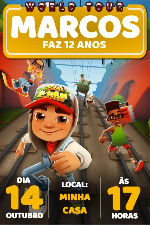 Convite de aniversário Subway Surf para editar, baixe grátis o convite para  preencher no aplicativo no celular ou im…