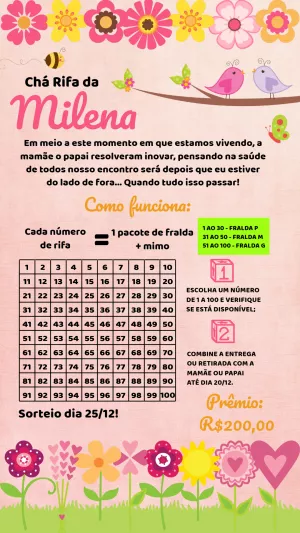 Convite Digital Chá Rifa Menina Jardim Encantado Personalizado