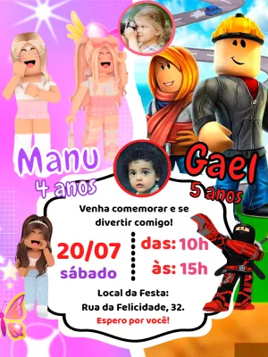 Convite Aniversário Duplo Roblox menino e menina com foto