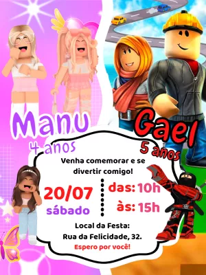 Convite Aniversário Duplo Roblox menino e menina